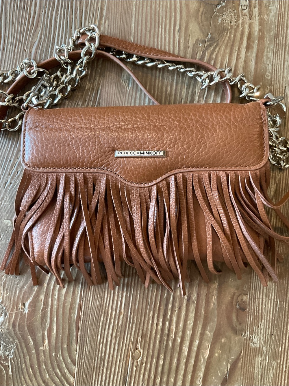 Rebecca Minkoff Brown Leather Fringe Crossbody with Silver Chain Strap